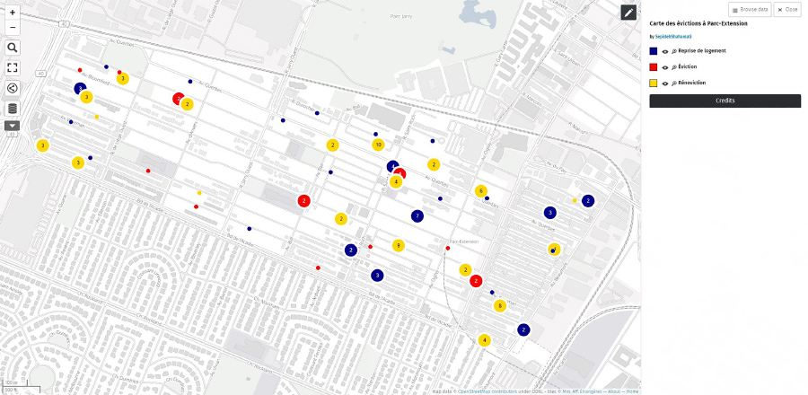 Figure 3. Eviction map of Parc-Extension by PEAMP. Full credits and interactive version available at u.osmfr.org/m/641974.