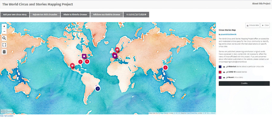 Figure 4. Screen capture of The World Circus and Stories Mapping Project. Full credits and interactive version available at geomedialab.org/circusmap.html.