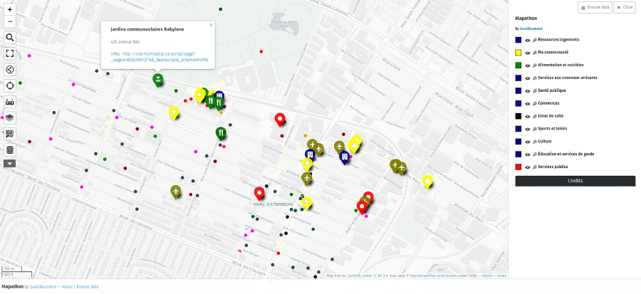 Figure 5. Screen capture of the collaborative map of services available in the Parc-Extension neighborhood, compiled during a field course in human geography. Designed by Yaya Baumann. Interactive version available at u.osmfr.org/m/356298.