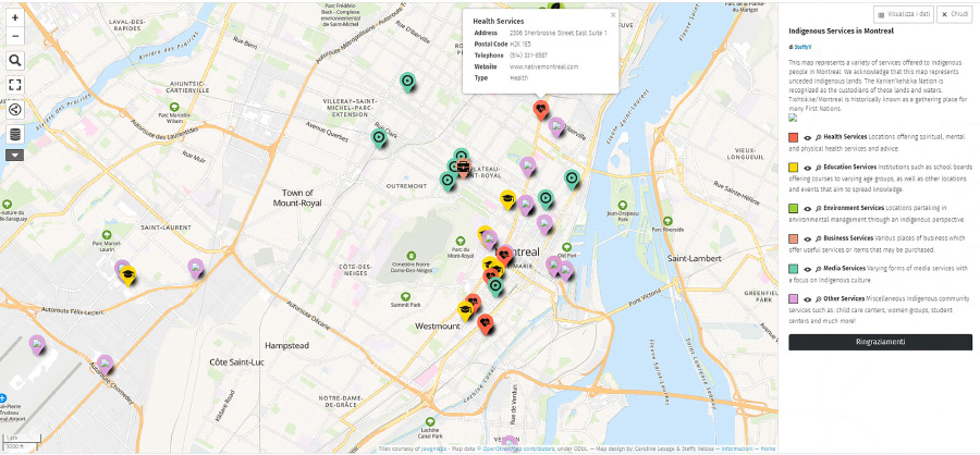 Figure 6. Screen capture of the collaborative map of Indigenous services offered throughout the city of Montréal. Designed by Caroline Lesage & Steffy Velosa. Interactive version available at: u.osmfr.org/m/382794.