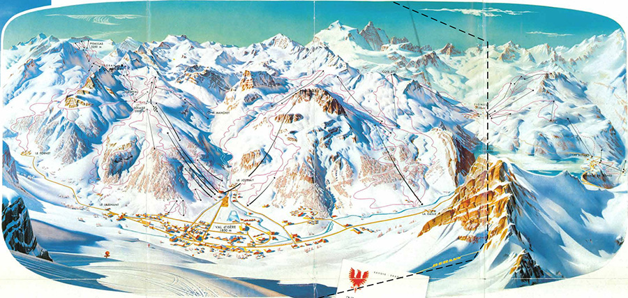 Figure 4. Left of the dashed line is the original panorama map for the Val d’Isère ski resort by Heinrich Berann. Right of the dashed line is the part added by Pierre Novat in 1962 to display Tignes and its surroundings. Novat also made some alterations to the left part directly on the original to support the creation of new tracks leading to Le Fornet. Novat’s children still have the left panel but knowing exactly what is from Novat’s hand proves difficult, if not impossible. This resort is now well-known as Espace Killy. See Figure 5 for the 1984 version of the panorama.