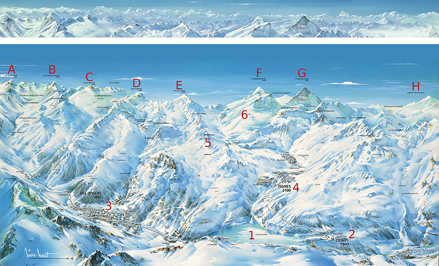 Figure 5. Top: Background portion of Pierre Novat’s 1983 panorama of Espace Killy. Bottom: 1984 version of the panorama, one of the most emblematic by Novat. Note how the focus has moved with respect to the 1962 version (Figure 4). Chevril Lake (1) is now at the center and Val d’Isère (3) on the left. The labeled landmarks (A–H, 1–6) are referred to later in the article and in Figure 10.