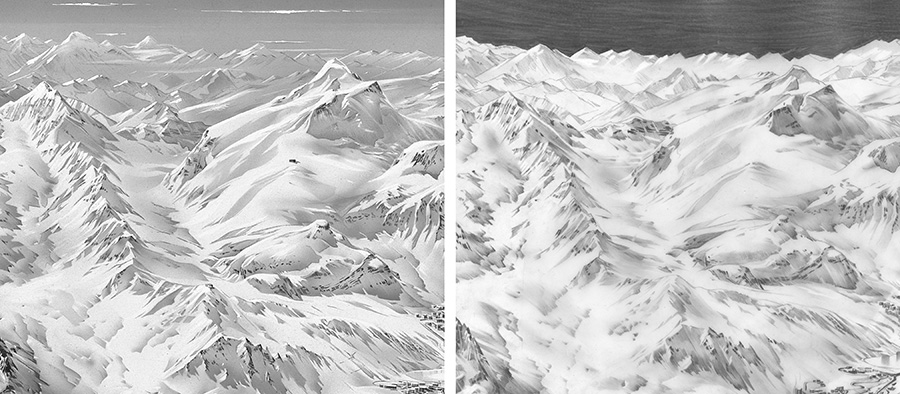 Figure 6. Left: Close-up of a pencil sketch made for Espace Killy 1983 (Figure 9, c). Right: The same area of the resulting panorama converted to grayscale. The sketch already depicts the finest details of the terrain, shading, shadowing, and surface texture.