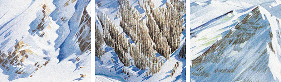 Figure 8. Color pencils are used to support shadows (left), bases of trees (middle), and rocks (right). Close-ups of Grandes Rousses, Arthur & Pierre Novat 2011.