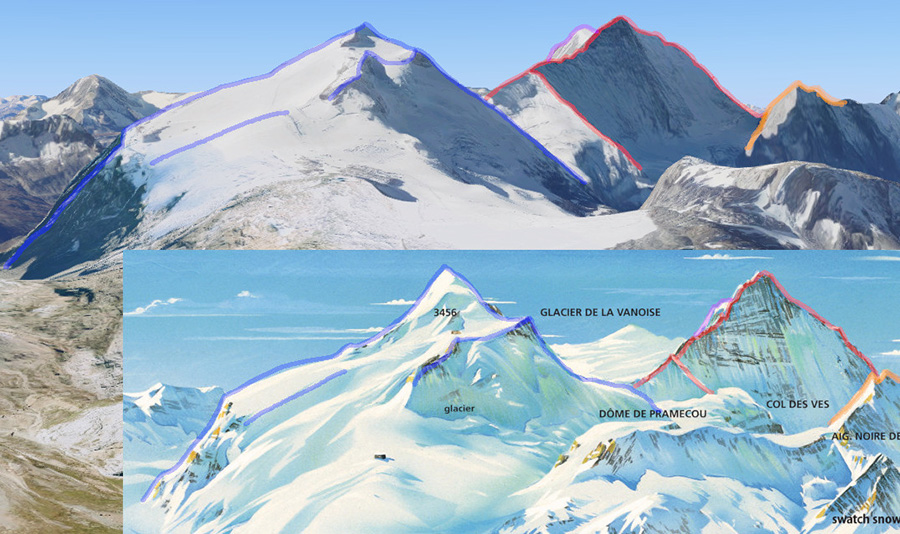 Figure 11. Top: 3D view of Grande Motte (blue) and Grande Casse (red) as if viewed from Col de Fresse (5), a crucial part of the resort. Bottom: Close-up of Espace Killy, Pierre Novat, 1984 (Figure 5). These two peaks are rotated about their vertical axis to present a more familiar profile to skiers.