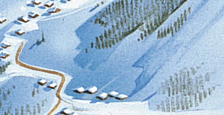 Figure 15. Novat ended the cast shadow just above the road to avoid masking it. The shape of the shadow therefore follows the road layout, highlighting it. Close-up of Mégève, Pierre Novat, 1986.