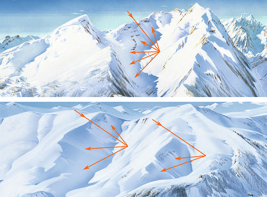 Figure 16. Examples of indirect illumination from inter-reflections in Novat’s work. Arrows represent light rays. Inter-reflections are caused by the light bouncing off slopes facing the light, thus brightening opposing slopes. Close-ups of (top) Puy Saint-Vincent, Pierre Novat, 1992, and (bottom) Val d’Allos, Pierre Novat, 1987.