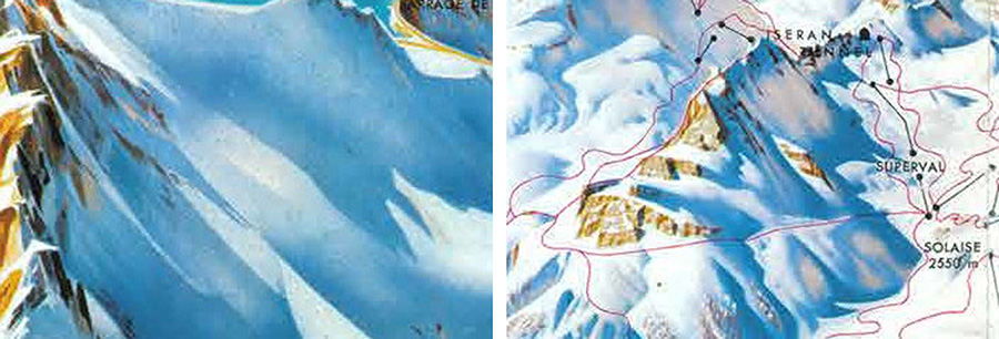 Figure 17. Novat’s treatment of inter-reflections (left) is more subtle than Berann’s (right). The blue of the shadowed snow is lightened, creating a soft gradient whereas Berann used complementary shades, creating a stark contrast. Close-ups of Val d’Isère, Berann (with alterations by Novat) 1962.