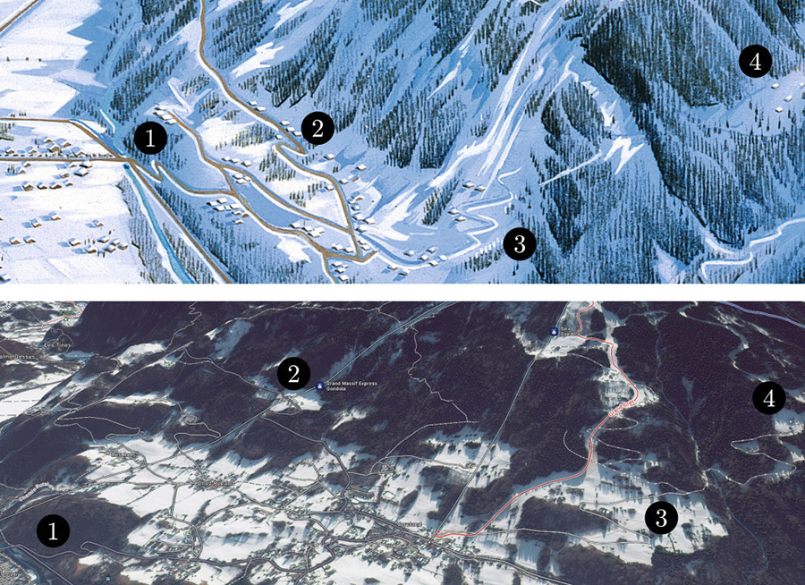 Figure 18. Top: Close-up of Grand Massif, Pierre Novat, 1986. Bottom: Satellite view of the same area. Note how Novat diminished the tree coverage density in his painting; as a result, the terrain remains visible.
