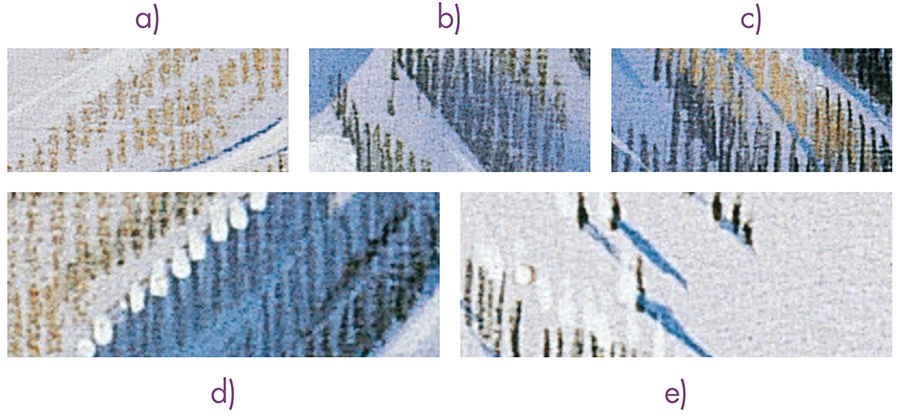 Figure 20. Novat’s treatment of trees differed from one species to another. Larches (a) were lightly sketched over the snow. Novat smoothed trees in shadows with his airbrush by spraying them with paint or water, blending their color with the blue of the snow (b). Trees catch the light (c) and can be covered in snow (d). They cast shadows when alone or at the edge of a forest (e). Close-ups of Réallon, Pierre Novat, 1990.