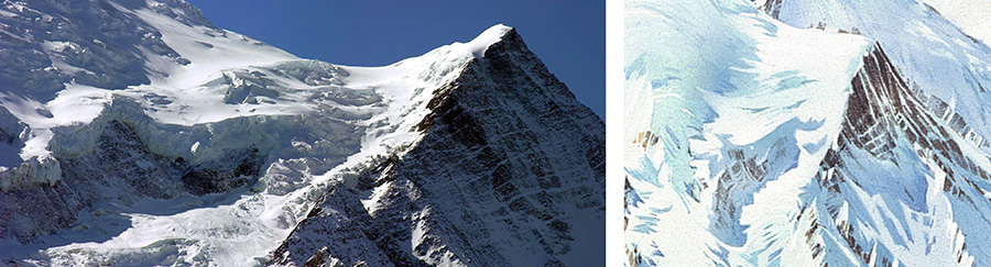 Figure 21. Aiguille du Goûter. Left: Photograph (© Antonio Giani). Right: Closeup of Chamonix, Pierre Novat, 1992. Note how the depiction is accurate on the painting, with cracks in the rocks clearly visible.