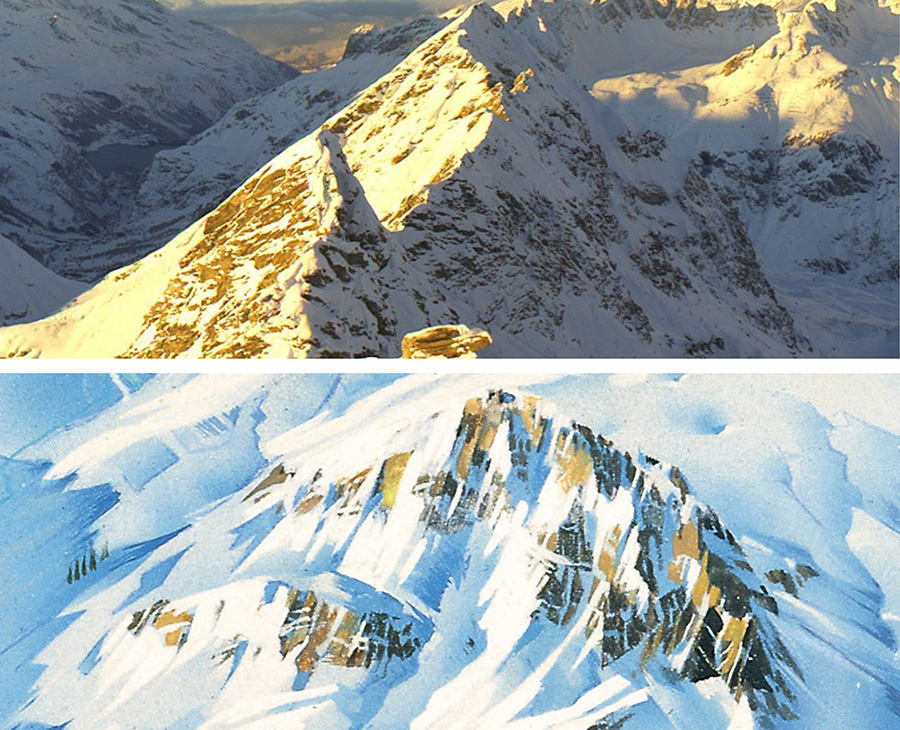 Figure 22. Top: Photograph of rocks above Val d’Isère village at sunset from a webcam in the resort (© Val d’Isère Tourisme). Bottom: Close-up of Espace Killy, Pierre Novat, 1984. The shades of brown and yellow are reproduced directly from the preliminary photographs taken by Novat.