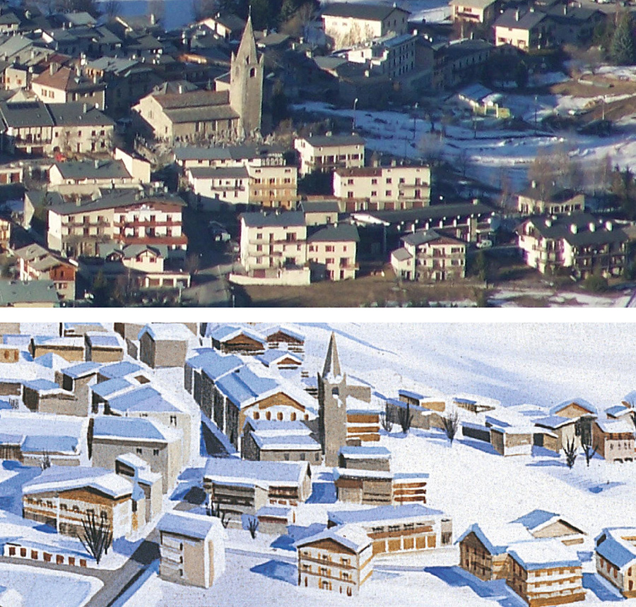 Figure 24. Top: The village of Aussois in 2011 (© Florian Pépellin CC-BY-SA 3.0). Bottom: Its 1993 painted version by Novat. The church and some houses are still recognizable today.