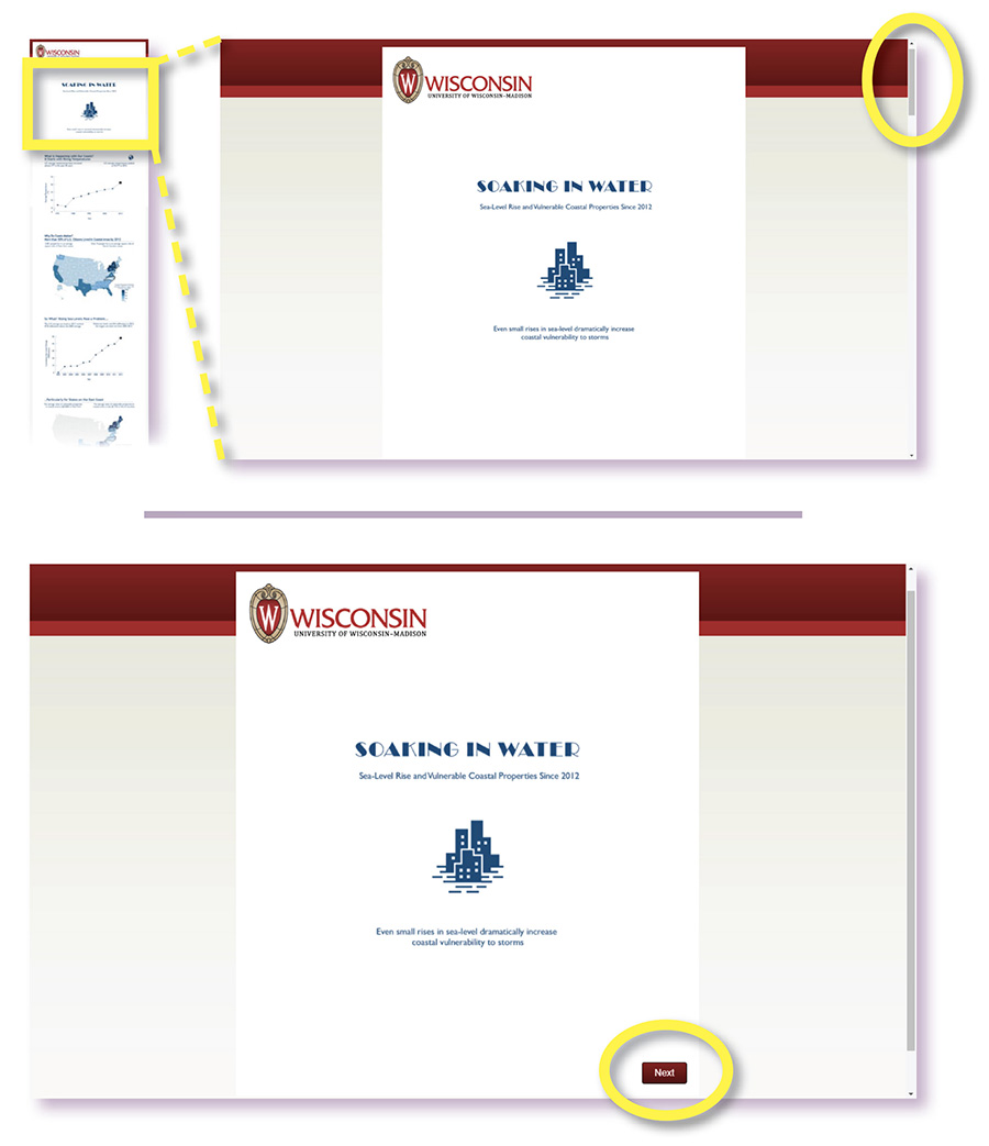 Figure 3. Survey Design. The survey design used two different interactive techniques to advance frames based on the examined genre. Top: The longform infographic condition loaded all frames into the webpage and used browser scrolling by mouse wheel or side scroll bar to advance frames, spaced to show only one frame at a time. Bottom: The dynamic slideshow condition loaded one frame at a time and used bottom “Back” and “Next” buttons to advance frames. 