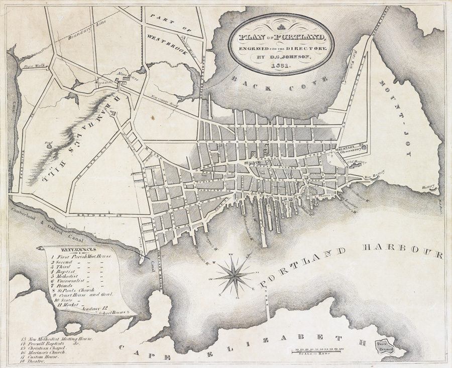 Figure 3. D. G. Johnson, “A Plan of Portland, Engraved for the Directory,” in The Portland Directory, Containing Names of the Inhabitants, their Occupations, Places of Business, and Dwelling Houses. With Lists of the Streets, Lanes and Wharves, the Town Officers, Public Offices and Banks (Portland: S. Colman, 1831). Copper engraving. Courtesy of the Osher Map Library and Smith Center for Cartographic Education, University of Southern Maine (Osher Collection); available online at oshermaps.org/map/12023.0001.