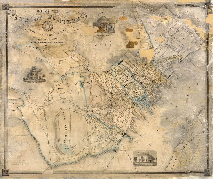 Figure 4. Henry F. Walling, Map of the City of Portland, Cumberland County Maine, from Original Surveys (Philadelphia, 1851). Hand-colored lithograph, 74 × 88 cm. Courtesy, David Rumsey Map Collection, David Rumsey Map Center, Stanford Libraries. Available online at searchworks.stanford.edu/view/10453700.