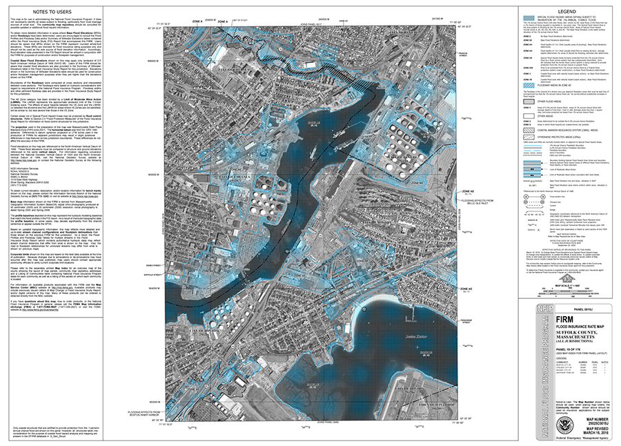 Figure 2. A FIRM depicting flood risk for part of Suffolk County, Massachusetts. Orthoimagery is included in this FIRM but is not standard across all FIRMs, nor is any particular color scheme. Obtained from msc.fema.gov/portal.