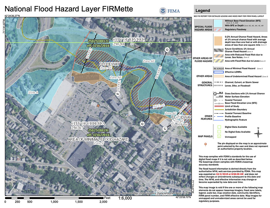 Figure 3. A FIRMette showing flood risk for portions of the cities of Chelsea and Revere, Massachusetts. Obtained from msc.fema.gov/portal.