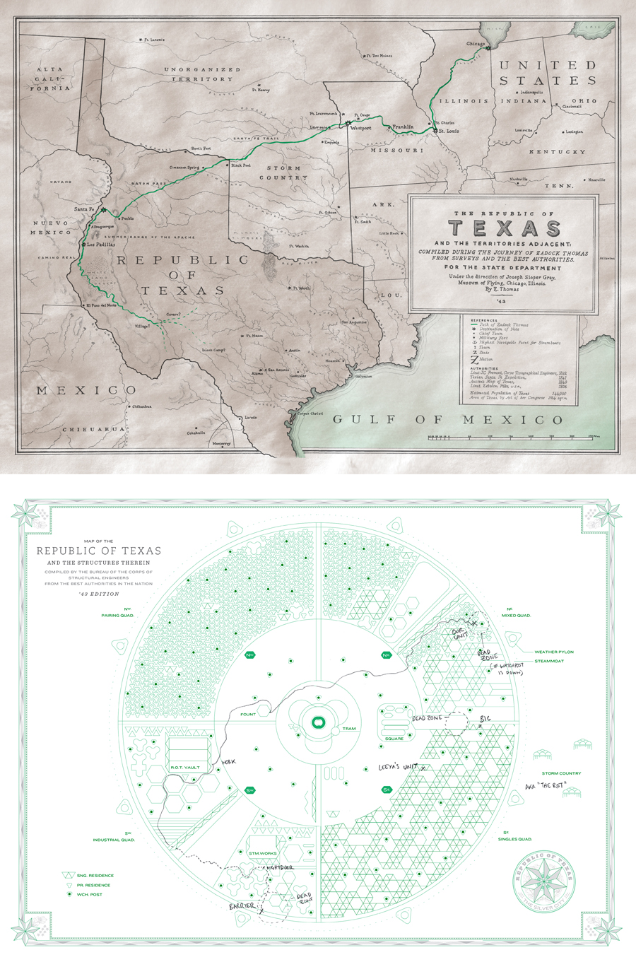 Figure 3. Maps of Texas pertaining to the timescapes of 1843 and 2143 in Zachary Thomas Dodson’s Bats of the Republic: An Illuminated Novel (2015, 16–17; 32–33)