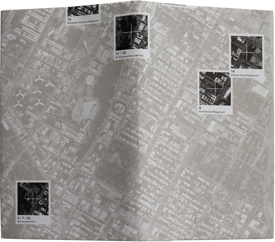 Figure 6. Grayscale satellite imagery and pinned reproductions of Polaroid photographs on the dust jacket of Valeria Luiselli’s “Swings of Harlem.”