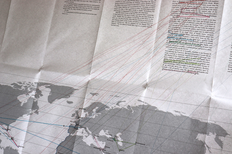 Figure 8. Design connecting verbal text with locations on a world map in Adam Thirlwell’s “Places I’ve Nearly Been to But Have Not”
