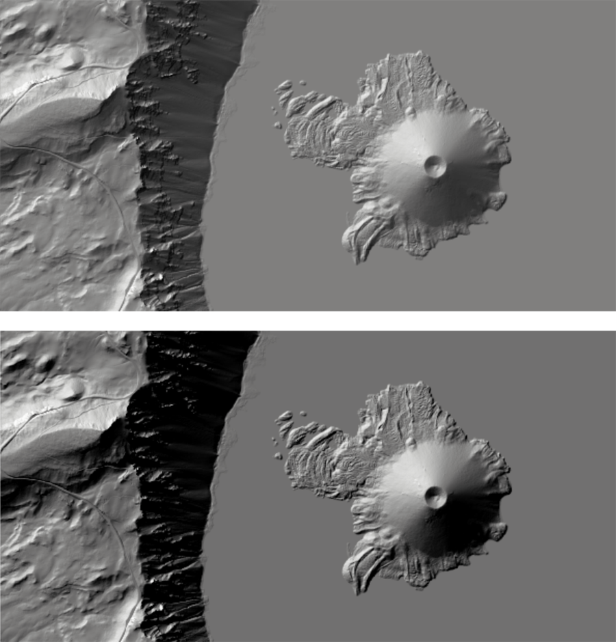Figure 1. Traditional/standard vs “Half-Lambert” hillshade methods. Light from the northwest at 45° altitude. Note the heavy shadow-mass on the top compared with those same areas on the bottom.