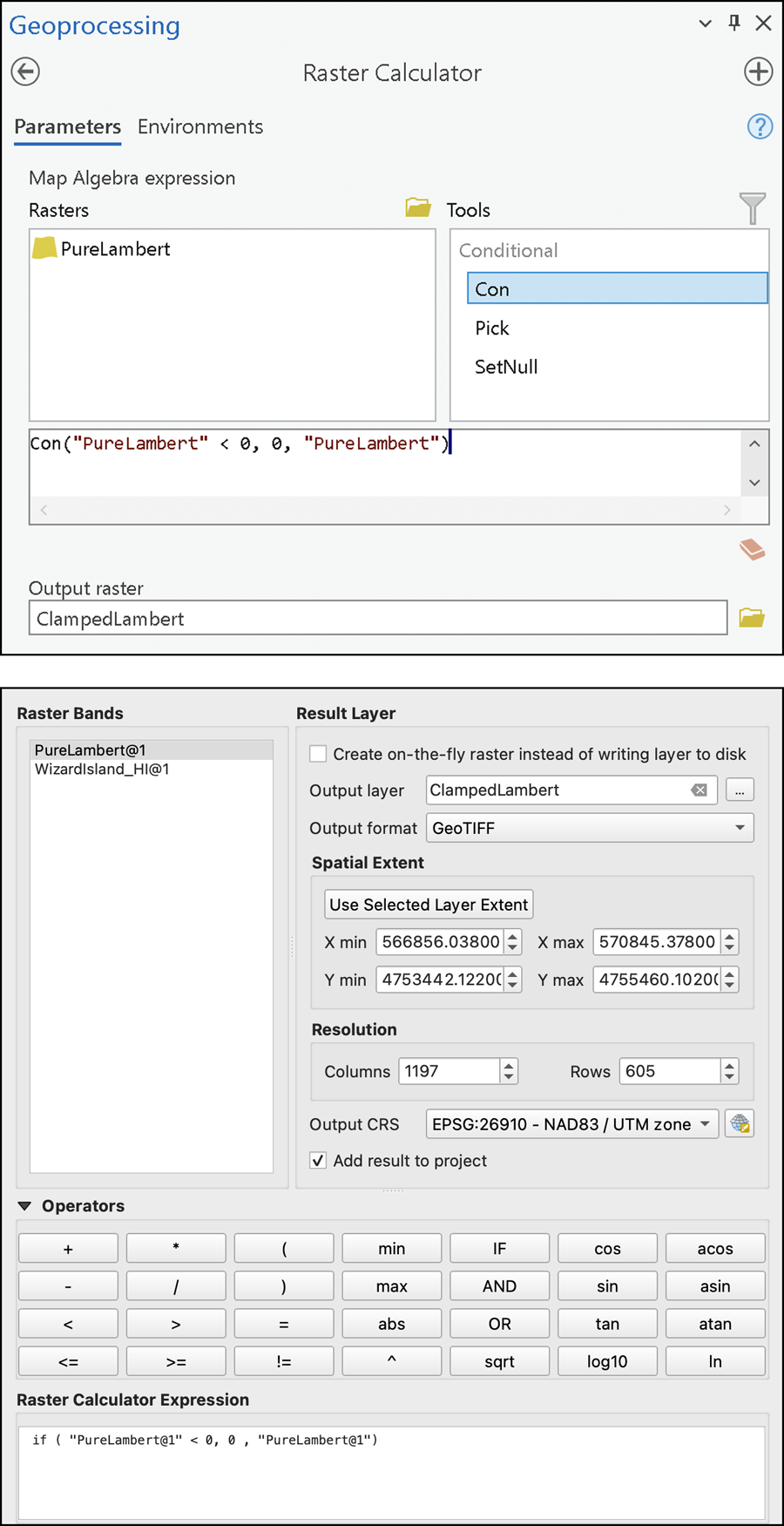 Figure 5. Clamping with the Raster Calculator in ArcGIS Pro (top) & QGIS (bottom).