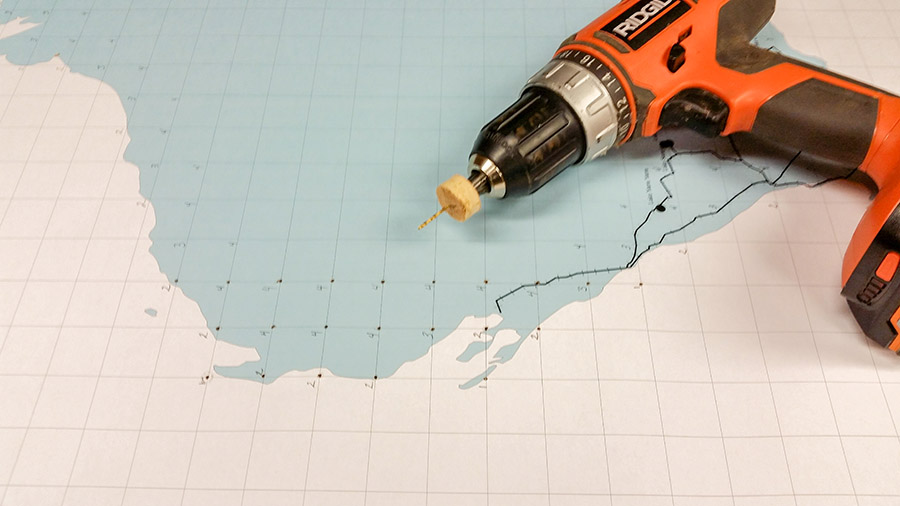Figure 1. Map showing labeled intersections and ⅛-inch (0.32 cm) drill setup for starter points.