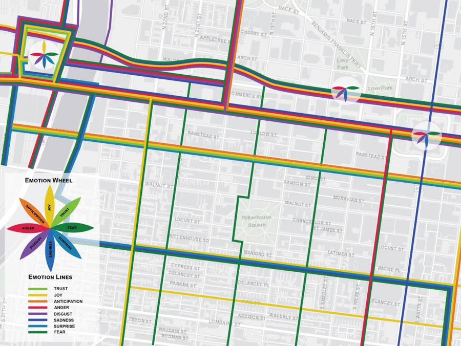 Figure 1. Map by Meenar, Flamm, and Keenan (2019) presents the city as an emotional space. Points of interest are mapped as petals of a graphical flower—each petal represented one emotion—and routes are mapped as one or more colored lines representing different emotions. Licensed under CC BY 4.0.