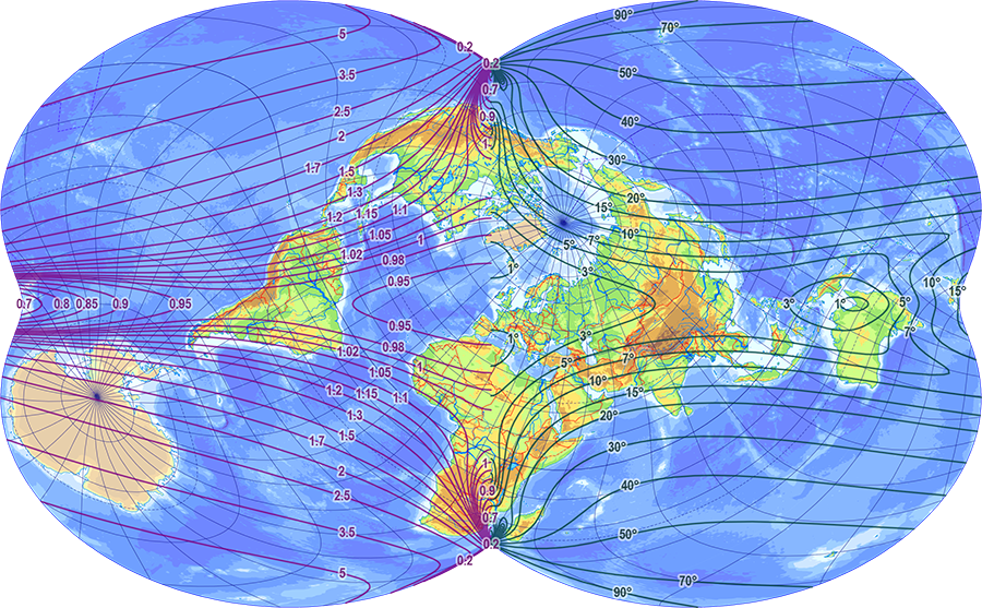 Figure 1. The plagal map projection of Canters (2002, 213) Purple lines: areal scale, green lines: maximal angular deviation.