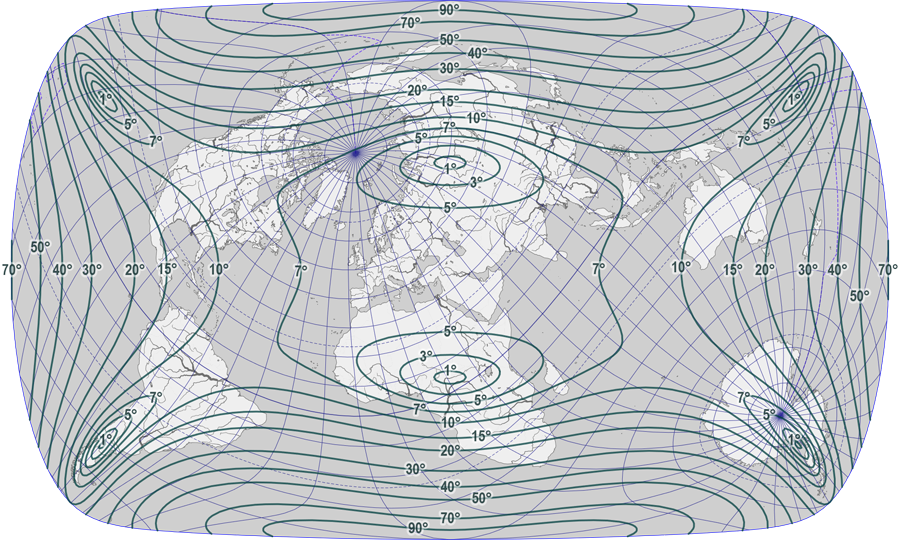 Figure 3. The new map projection developed in this paper (isolines of maximum angular deviation).