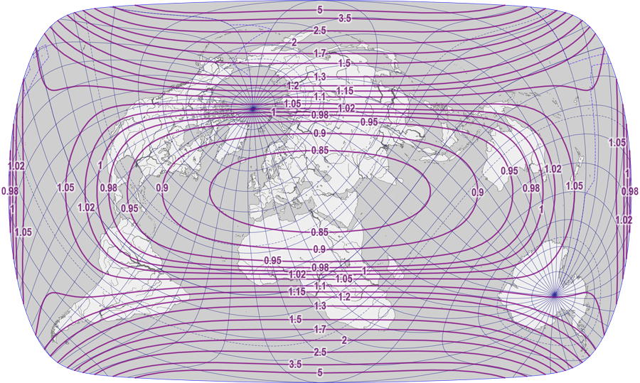 Figure 2. The new map projection developed in this paper (isolines of areal scale).