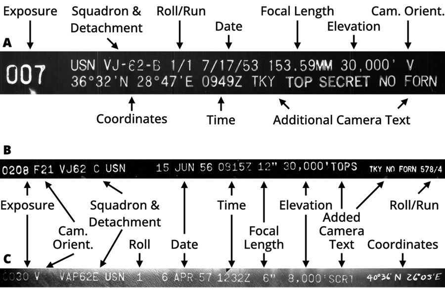 Figure 2. Examples of camera-printed labels on historical aerial photographs in the collection. A: label format used in 1953–1954; B: label format used in 1955–1956; C: label format used in 1957, including hand-annotated coordinate data.