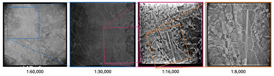 Figure 3. Examples of collection images, exhibiting different photographic scales as well as the differing quality of the image exposures. Here the focus is on the Cumaovası airfield, what later became the Izmir Adnan Menderes Airport in Gaziemir, Izmir.