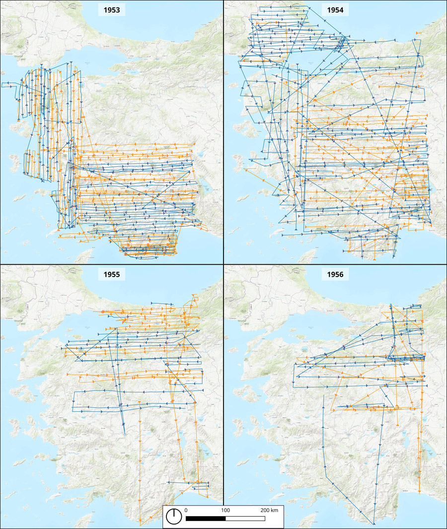 Figure 5. Maps showing the daily flight lines for 1953–1956 surveys and capture of 1:60,000 and 1:30,000 photographic scale images. Alternating line colors indicate different days.