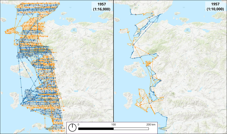 Figure 6. Map showing the daily flight lines for 1957 survey and capture of 1:16,000 and 1:10,000 photographic scale images. Alternating line colors indicate different days.