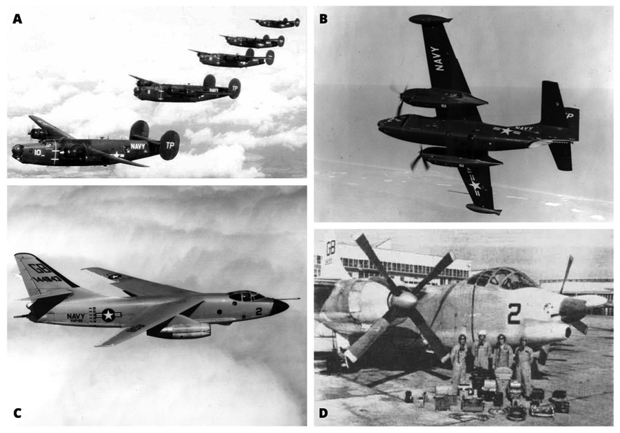 Figure 7. A selection of the aircraft employed in VJ/VAP-62 squadrons in the 1950s, showing tail codes “TP” (before July 1, 1957) and “GB” (after). A: Consolidated Aircraft’s P4Y-1P “Liberators” from VJ-62. B: North American Aviation’s AJ “Savage” from VJ-62 (note the underside camera windows). C: Douglas Aircraft’s A3D-2P “Skywarrior” from VAP-62. D: North American Aviation’s AJ-2P “Savage” from VAP-62, behind camera equipment and crew. All images from the US Navy, obtained via Wikimedia Commons, uploaded by contributor Cobatfor (Grossman 1995, 315).