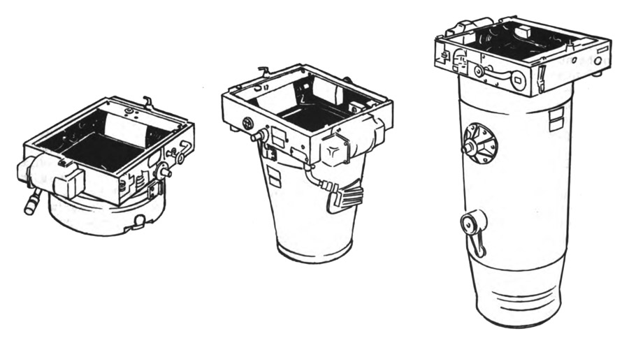 Figure 9. Schematic drawings of the Fairchild K-17 camera with 6, 12, and 24-inch lens cones, from left to right (after NTPC 1962, 188, Figure 11-1).