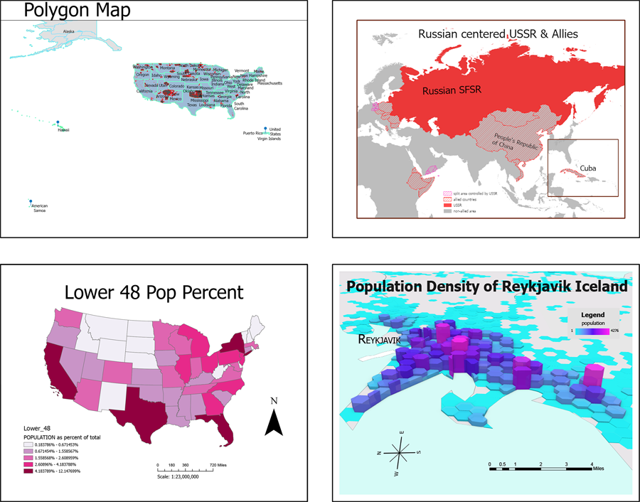 Figure 5. Comparing submissions from Activity 3 (left) and Activity 30 (right), from a student with no prior GIS experience (top) and a student who had taken an introductory GIS course (bottom).