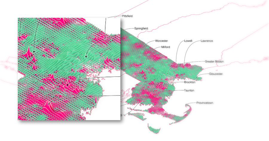 Figure 11. Mapping around, bivariate surface map of evictions per rental unit and landlord address per housing unit in Massachusetts. By authors.