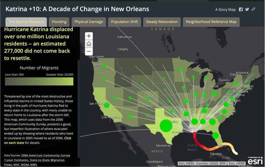 Figure 2. The Katrina Diaspora webmap, by Esri and Katie Nodjimbadem, 2015.