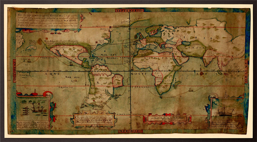 Figure 2. The Drake-Mellon map (Vera descriptio expeditionis nauticae Francisci Draci Angli …) shows Drake’s approximate route of circumnavigation of the world in 1577–80 with black dots on brown lines and his Caribbean voyage of 1585–86 with black lines. This manuscript map uses an equirectangular map projection.