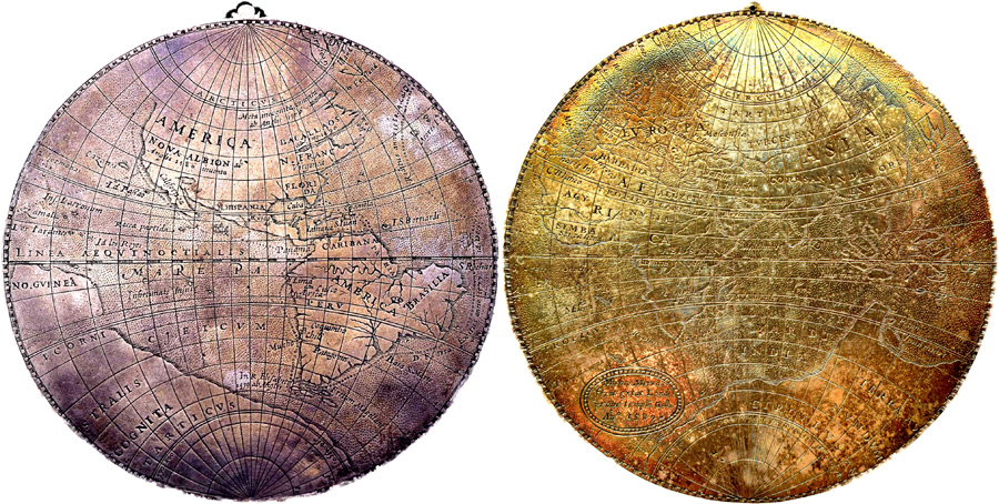 Figure 3. Drake Silver maps. The medallion on the left, showing the western hemisphere is from the British Museum (2024). On the right, the eastern hemisphere is from the Library of Congress (hdl.loc.gov/loc.rbc/rbdk.d058). These medallions are 68mm in diameter. Each medallion uses a Mercator double-hemisphere equatorial stereographic map projection. The maps have parallels and meridians every ten degrees.