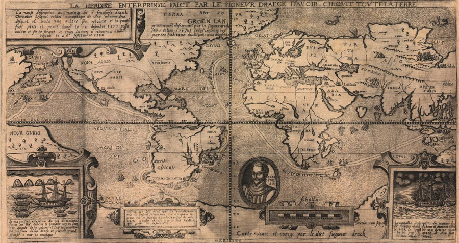 Figure 4. French-Drake Van Sype map, La herdike enterprinse faict par le Signeur Draeck D’Avoir cirquit toute la Terre. This is on an equirectangular map projection. Note the cartouches.