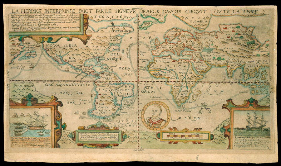 Figure 5. Dutch-Drake map La heroike interprinse faict par le Signeur Draeck D’Avoir cirquit toute la Terre. This map is on an equirectangular projection.