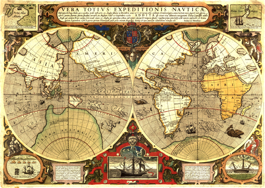 Figure 7. Hondius 1595 Broadside map. This piece is on a Mercator double-hemisphere equatorial stereographic projection. For convenience, it uses a ten-degree graticule.