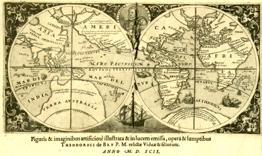 Figure 8. The De Bry 1599, America Pars VIII map, like the Hondius Broadside map, is a Mercator double-hemisphere equatorial stereographic projection.