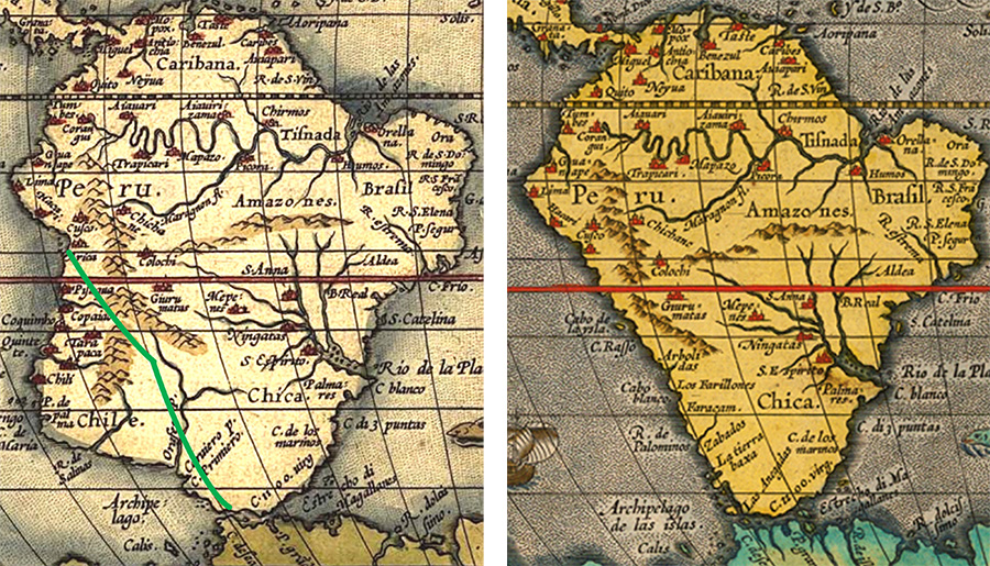 Figure 9. Parts of Typus Orbis Terrarum by Ortelius 1587 (P2S2) (left) and 1588 (P2S3) (right). Land to the west of the green line is the bulge (Bahill 2022a). The only differences between the two maps are to the left of the green line. To the right of the green line, land, rivers, mountains, and other toponyms on these maps can be superimposed. The abbreviations P2S2 and P2S3 stand for plate-2 state-2 and plate-2 state-3, respectively. It is shorthand to distinguish maps with small variations (Shirley 1983). These are in Ortelius oval map projections. Parallels of latitude and meridians of longitude are spaced ten degrees apart.