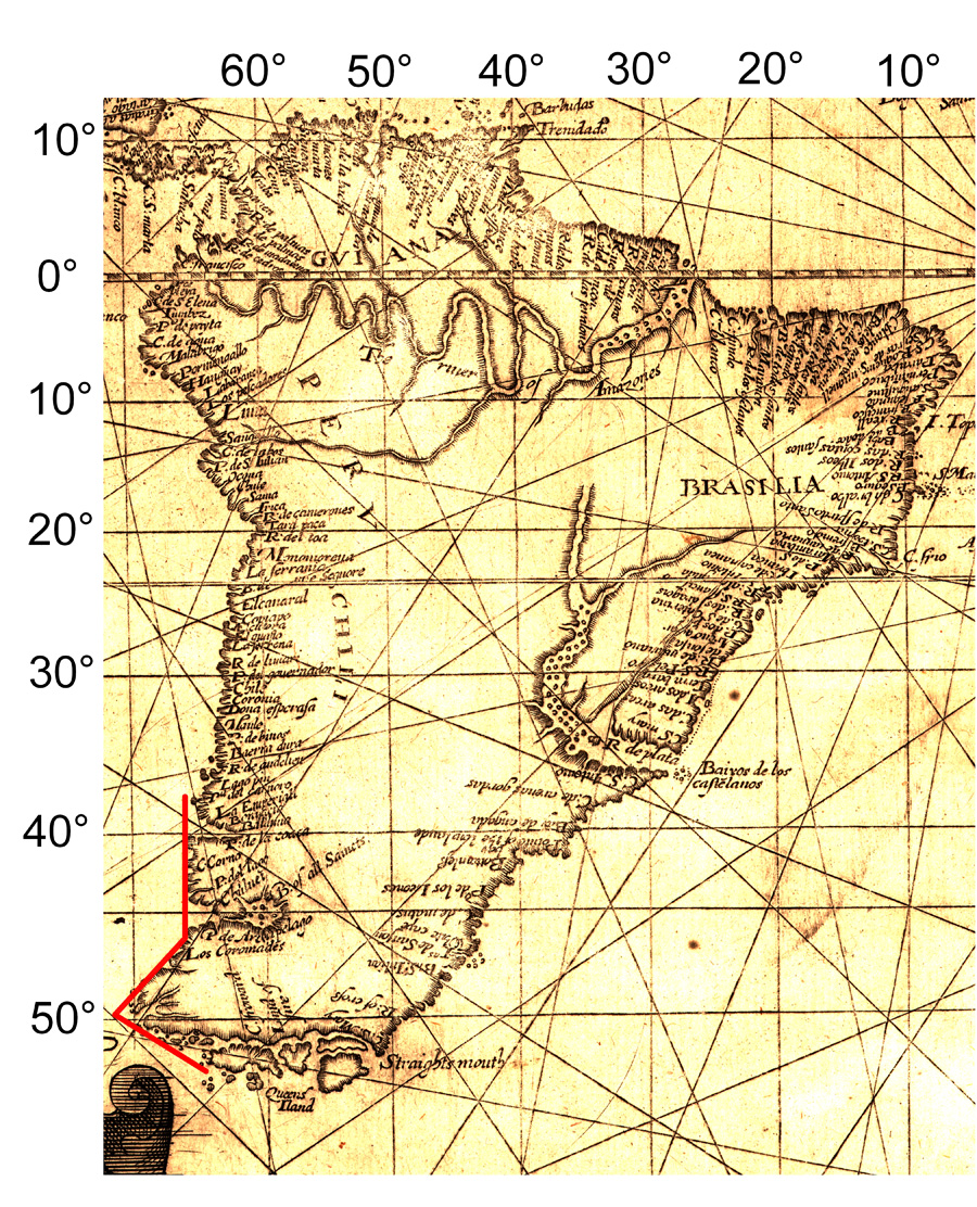Figure 10. A section of the Wright-Molyneux 1599 map showing South America with a part of Drake’s path shown in red. Other cartographers probably used this description (in red) to fill in the land behind it. This is a Mercator projection map. However, this does not preclude wind roses with correctly interconnected rhumb lines throughout the whole map. Parallels of latitude and meridians of longitude are spaced ten degrees apart.