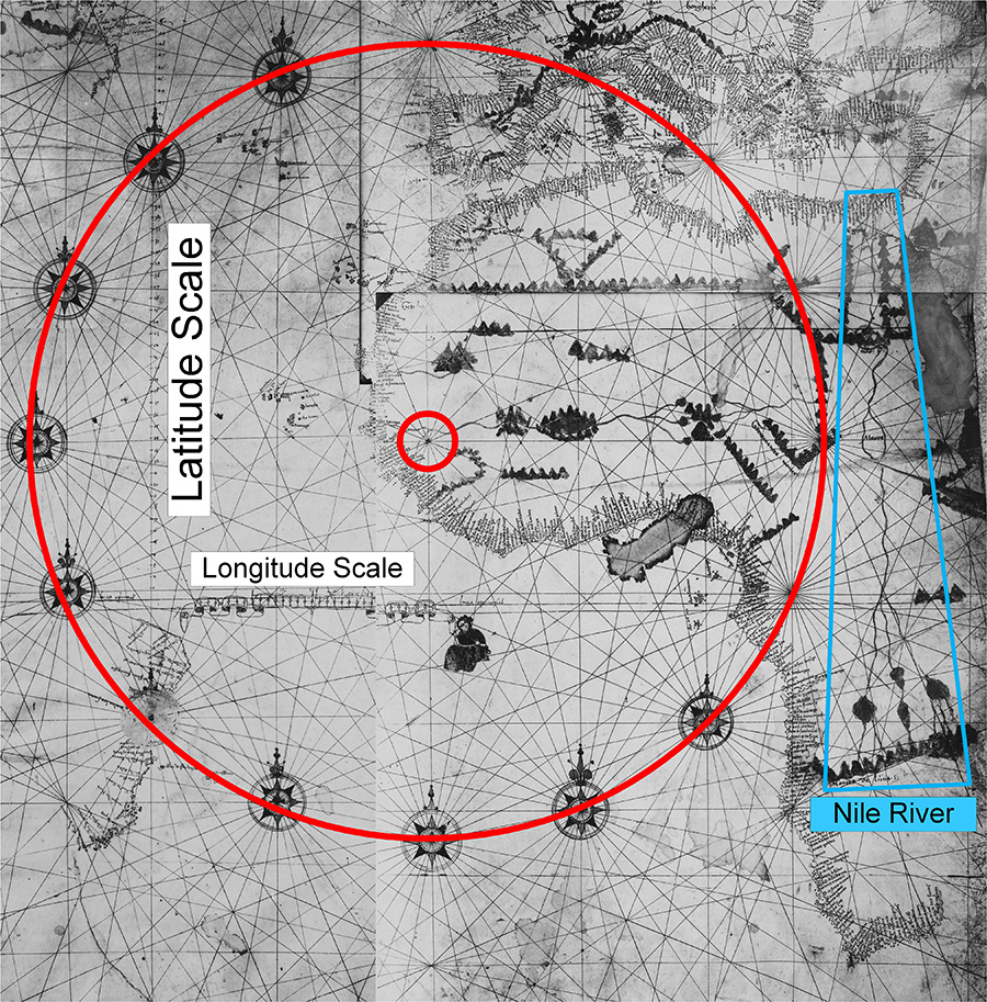 Figure 11. The Kunstmann III 1501–02 map. See also McIntosh and Gaspar (2021, 164). This is an equirectangular latitude chart. It has a latitude scale on the upper-left side. Numerous toponyms arranged perpendicular to the coasts, rhumb lines emanating from the compass/wind roses, and the red circle through them emphasize the map’s portolan chart roots. However, the large amount of inland detail and the latitude scale belie its portolan chart origins.